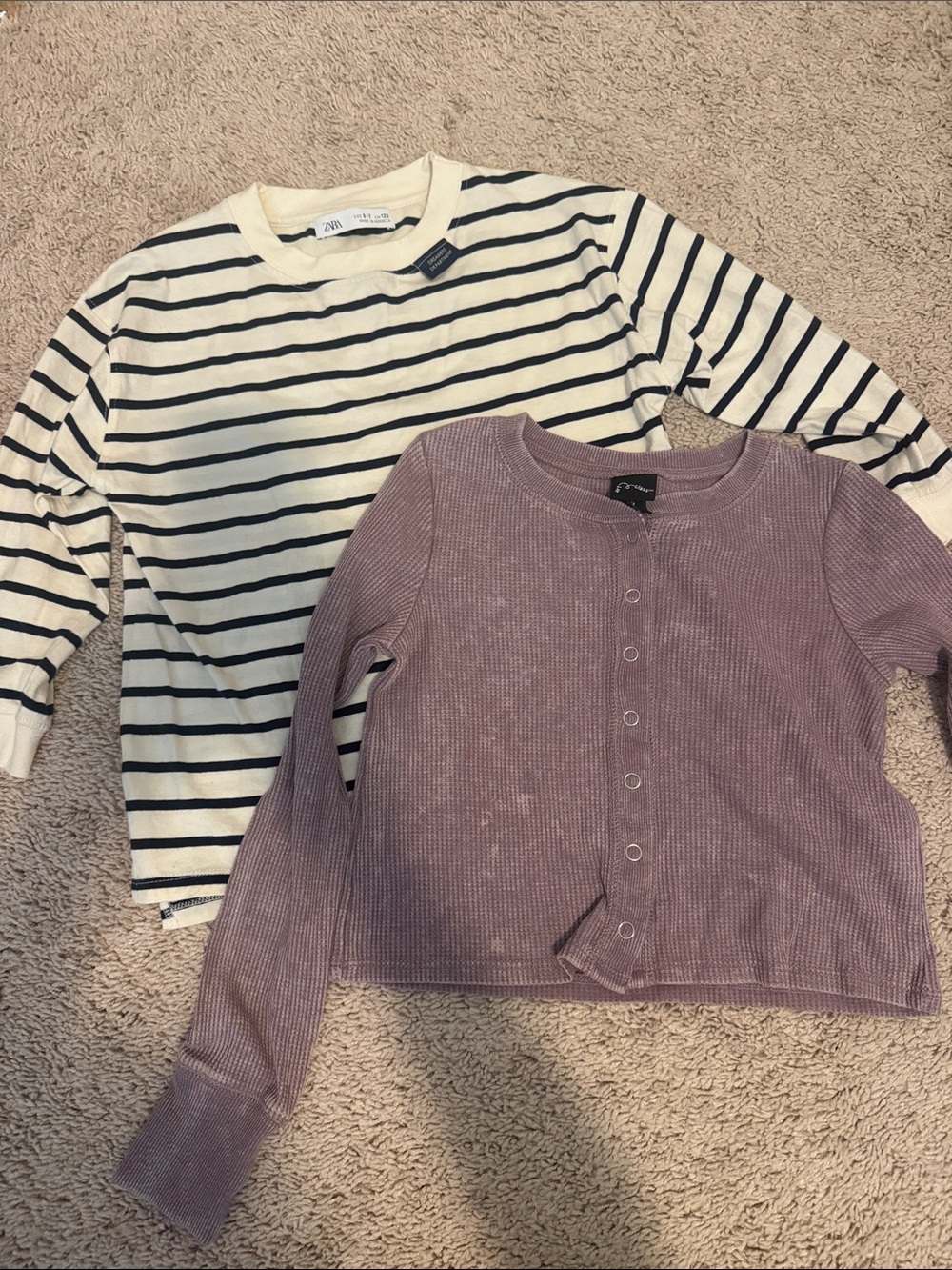 Striped Long-Sleeve Tee & Lavender Button  Set - Kids